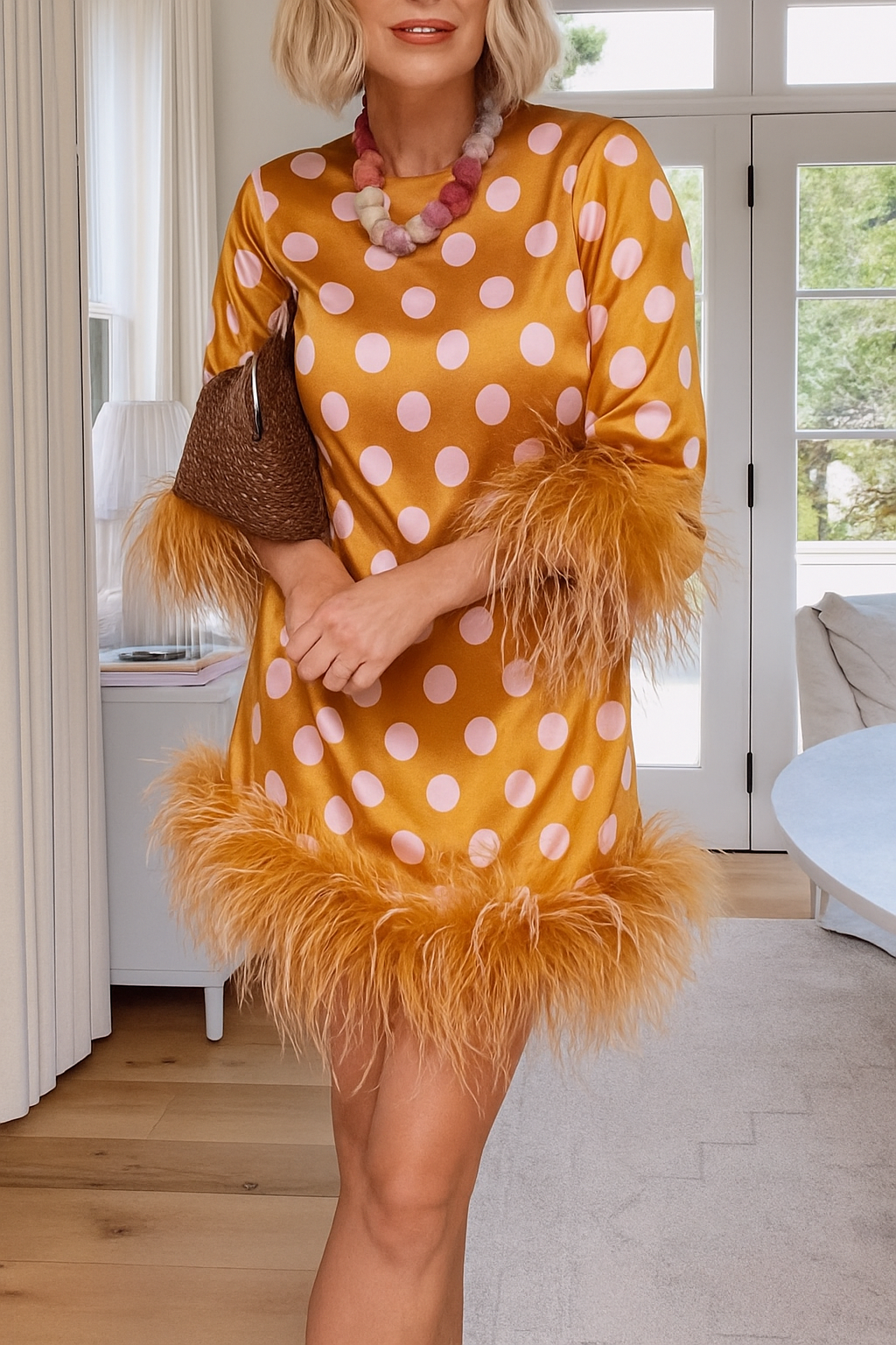 Playful and Cute Satin Polka Dot Print Half Sleeve Feather Trim H-line Mini Dress