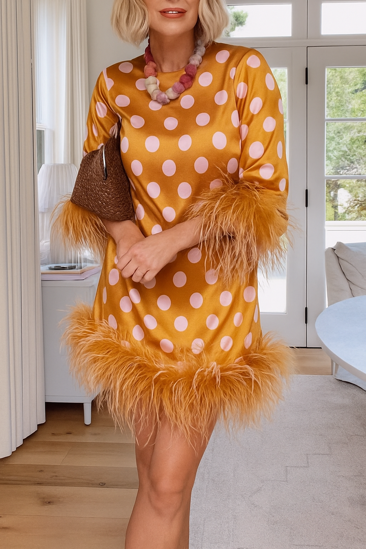 Playful and Cute Satin Polka Dot Print Half Sleeve Feather Trim H-line Mini Dress