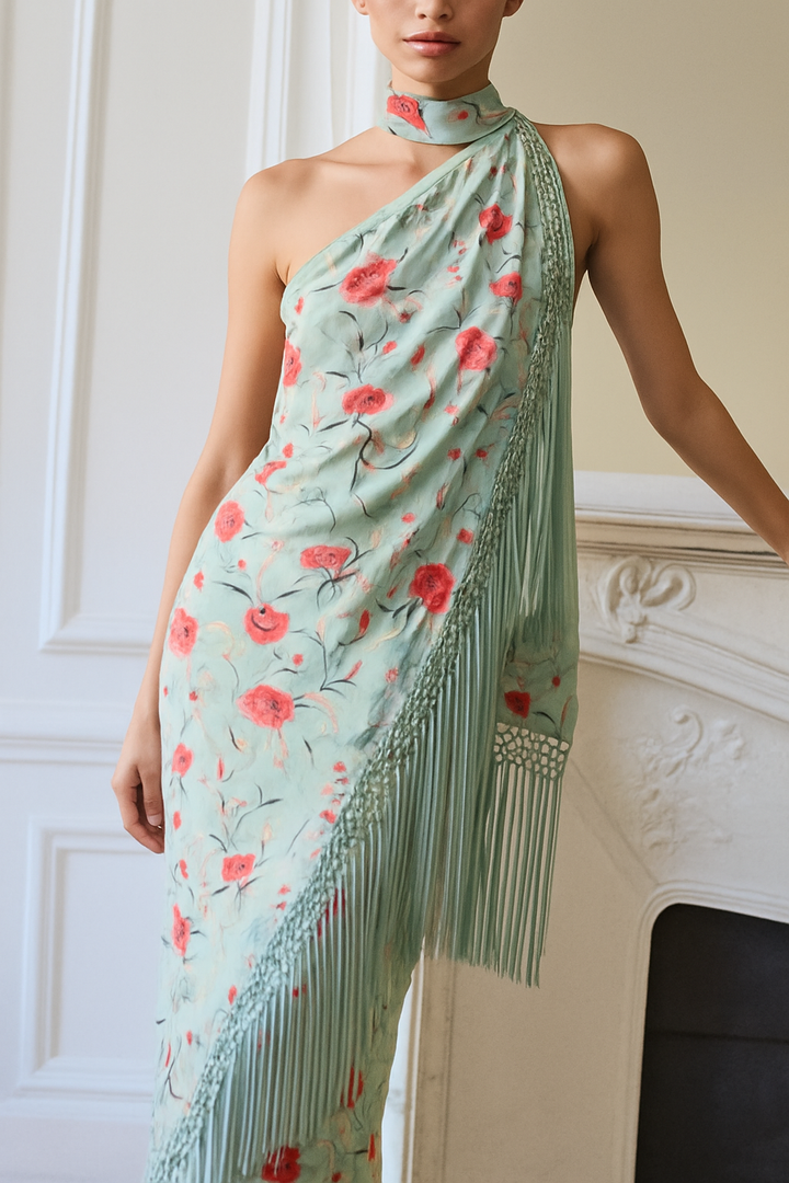 Floral Print Halter Neck Sleeveless Elegant Tassel Maxi Dress