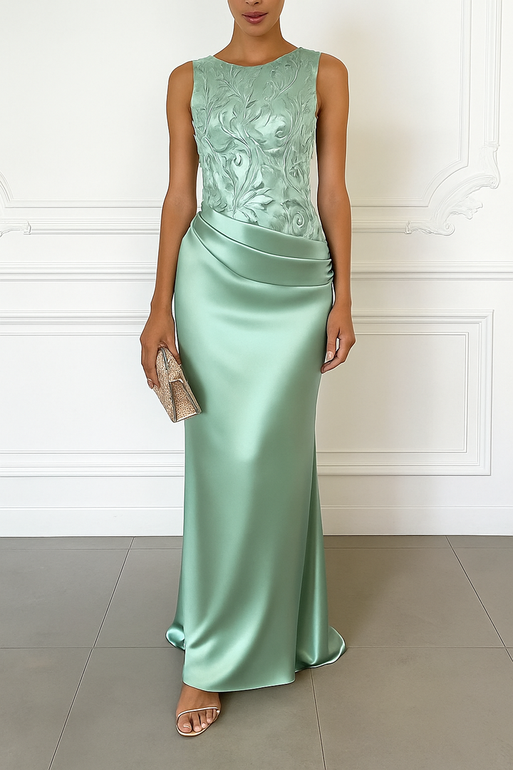 Vera Mesh Embroidery Satin Ruched Crew Neck Sleeveless Gown Maxi Dress