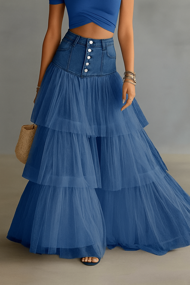 Y2K Fairycore Denim Corset Waist Tulle Maxi Skirt