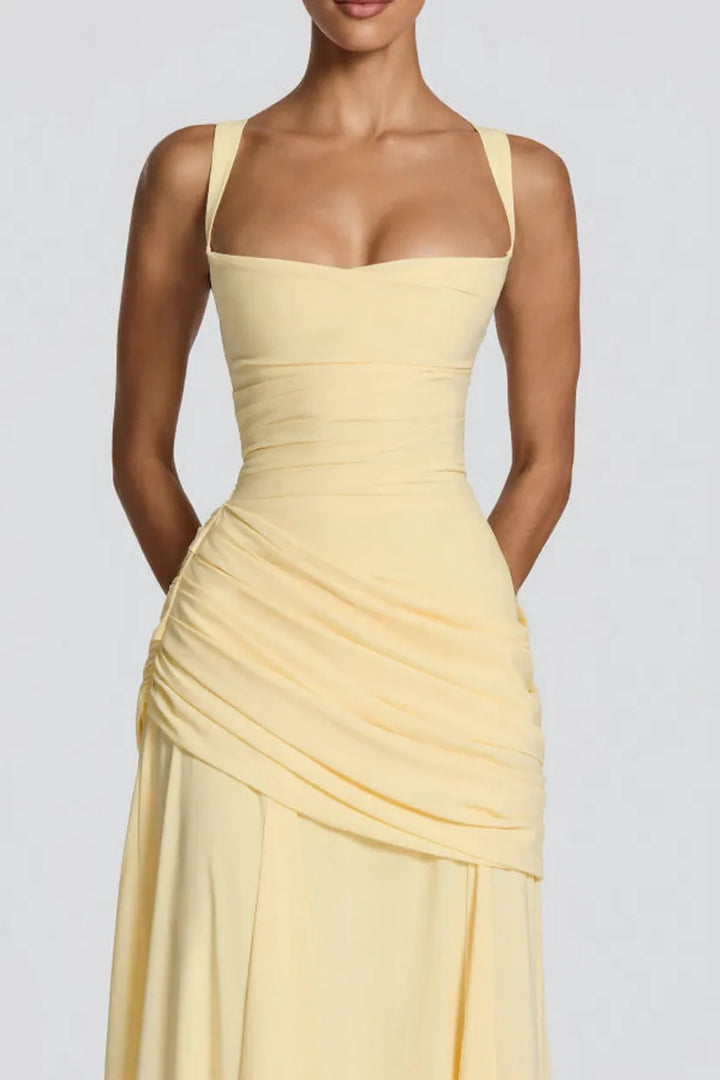 Stylish Spaghetti Strap Square Neck Slim-fit Elegant Pleated Maxi Dress