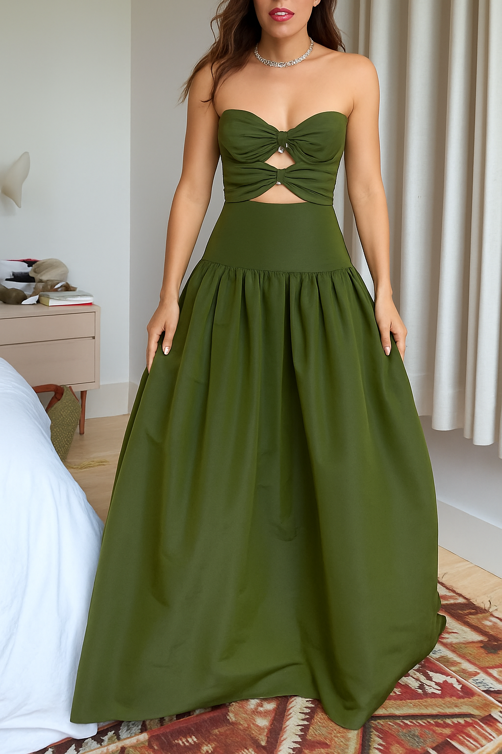 Elinna Silk Taffeta Crystal Rings Cut-out Detail Strapless Maxi Dress