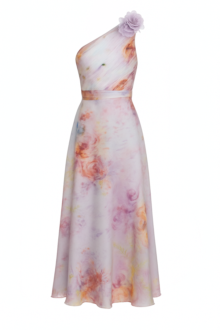 Verne Chiffon 3D Floral One Shoulder Pleated Sleeveless A-Line Gown Maxi Dress