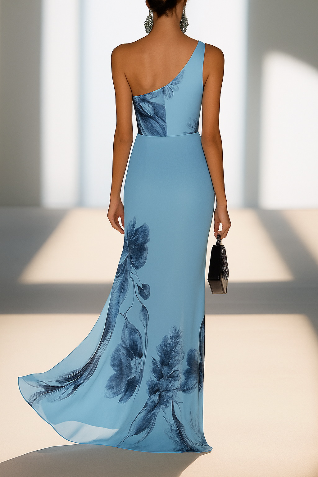 Floral Print One-shoulder Sleeveless Elegant Slim-fit Maxi Dress