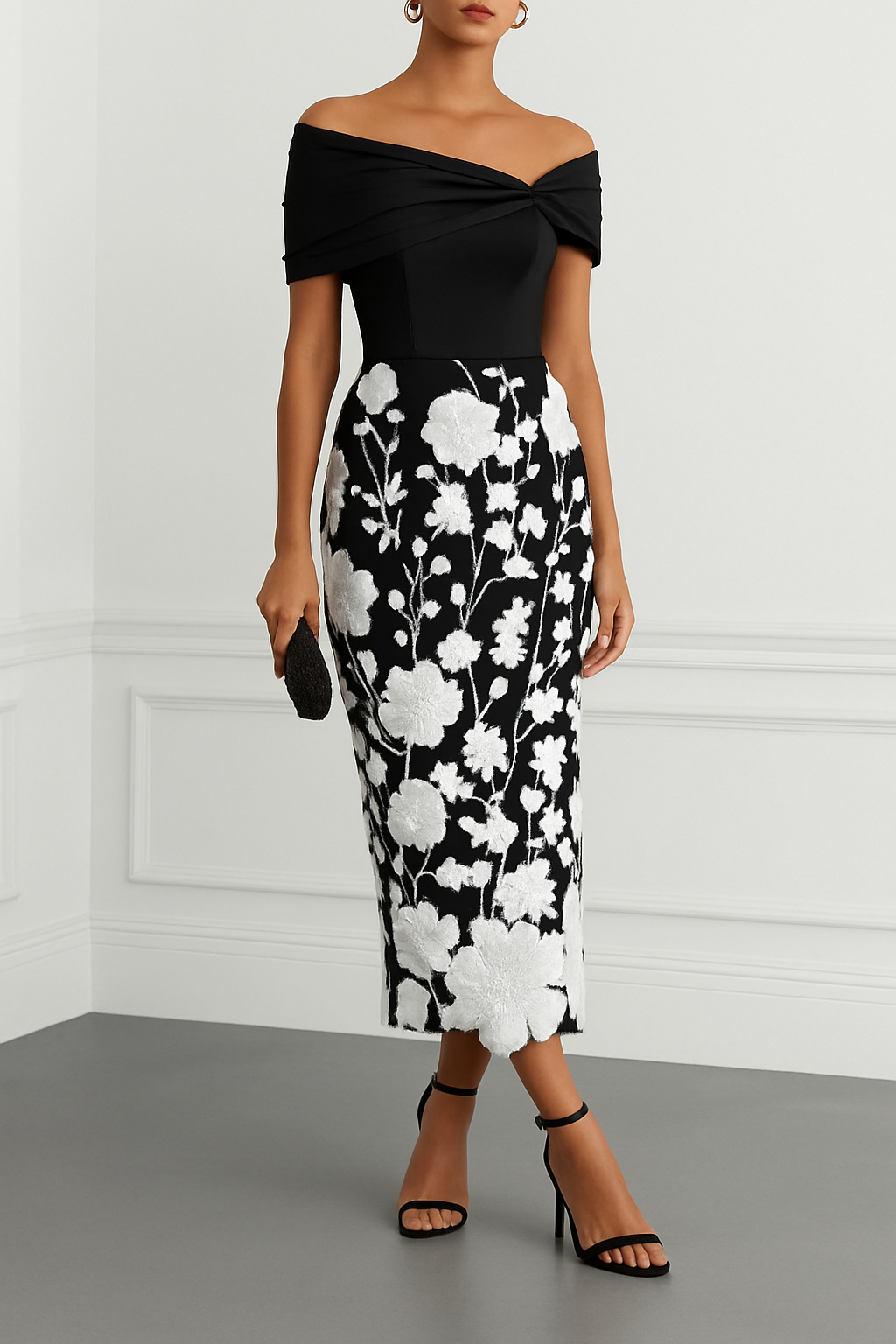 Classic 3D Floral Embroidery Off The Shoulder Short Sleeve Sheath Midi Dress