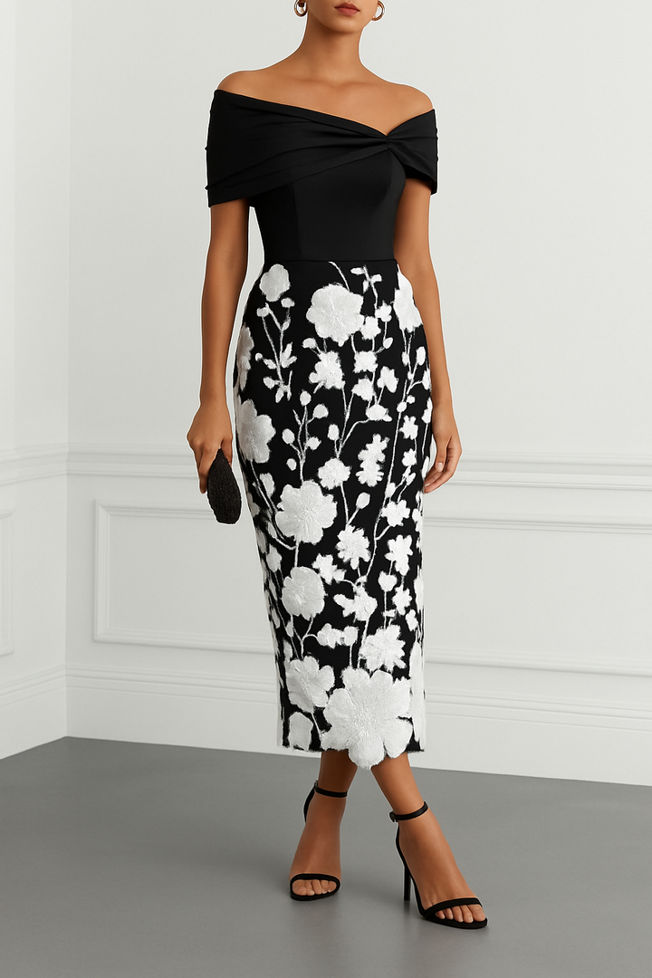 Classic 3D Floral Embroidery Off The Shoulder Short Sleeve Sheath Midi Dress