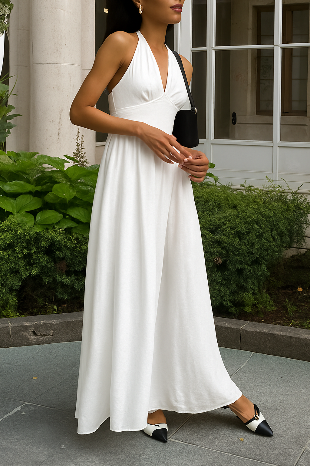 Solid Color Halter Neck Tie Elegant Backless Waist-cinching Maxi Dress