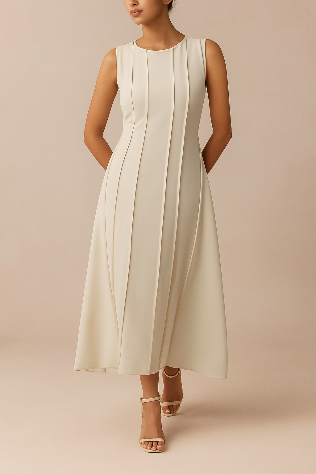 Solid Color Round Neck Sleeveless Elegant Pleated Casual Maxi Dress