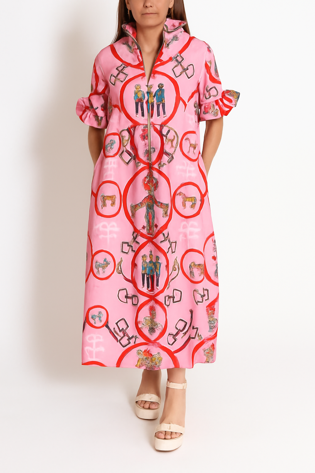 Churchill Social Playful Warhorse Print Stand Neck Ruffle Sleeve Belted Pocket Caftan Midi Dress