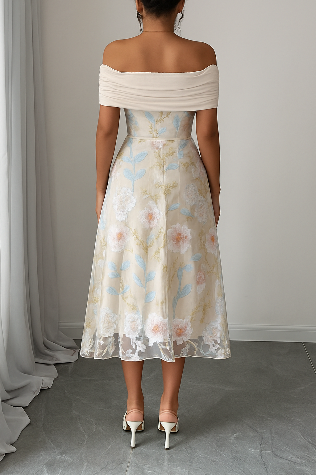 Elegant Ruched Off-Shoulder Floral Appliqué Midi Dress