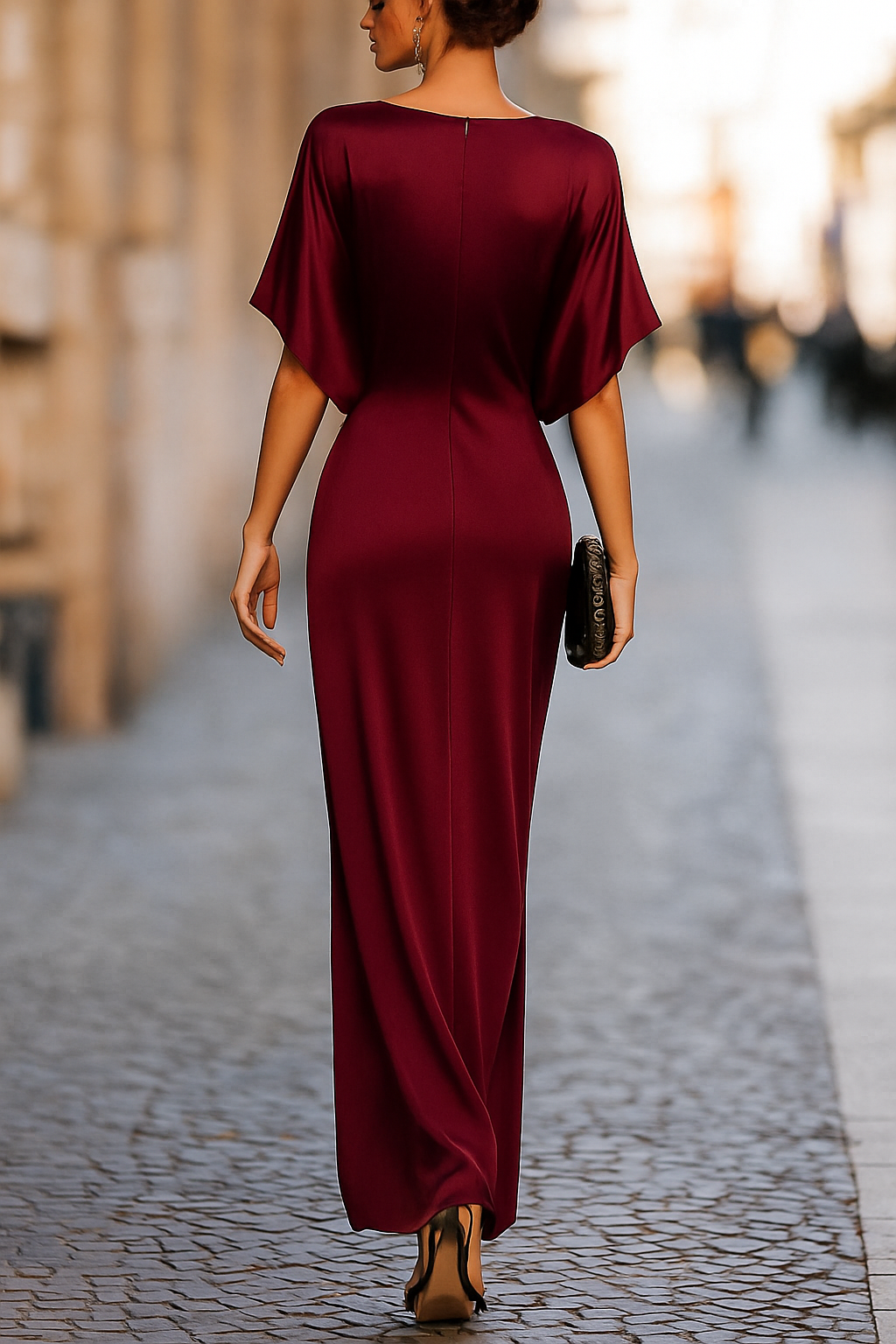 Solid Color Round Neck Short-sleeved Elegant Draped Maxi Dress