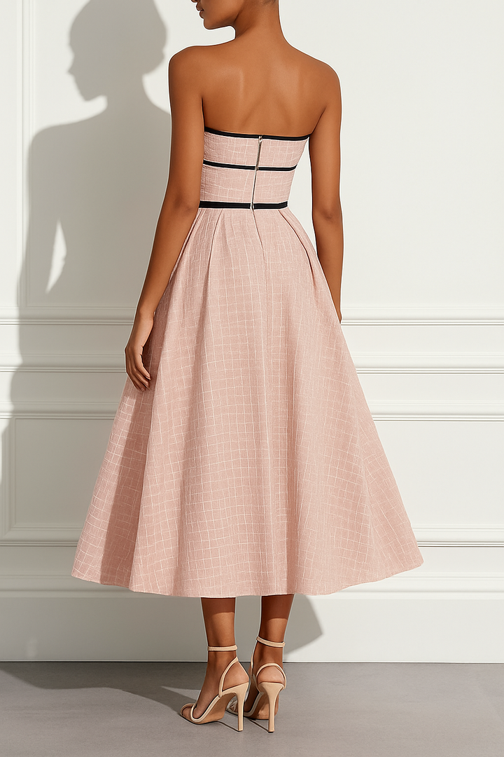 Stardust Plaid and Sequin Bow Patchwork Detail Strapless A-line Midi Dress
