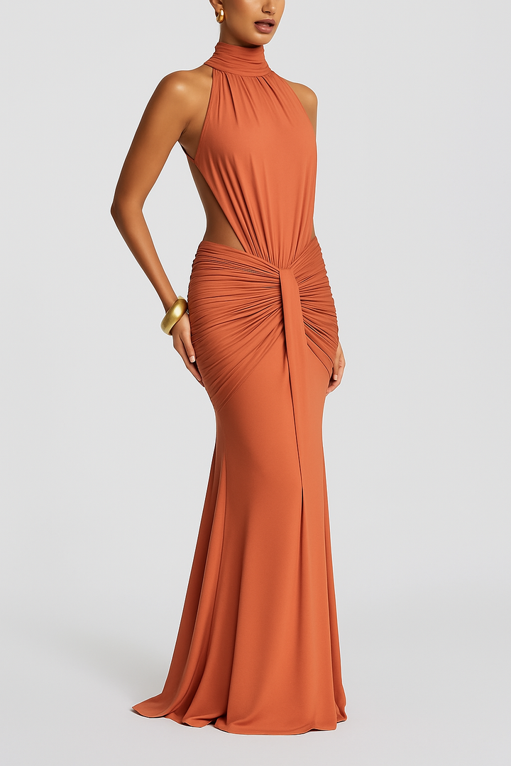 Thekla Stretch Slinky Jersey High Neck Ruched Backless Drape Maxi Dress