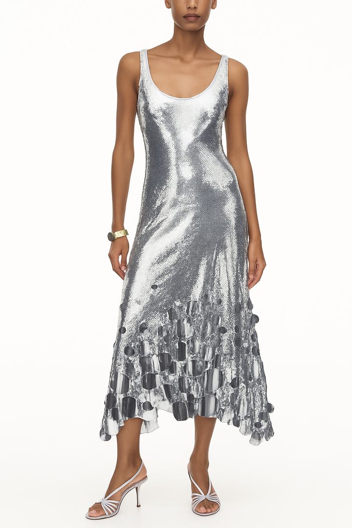 Party Tips Sequin Irregular Round Tassels Hem Back Cutout Tank Maxi Dress