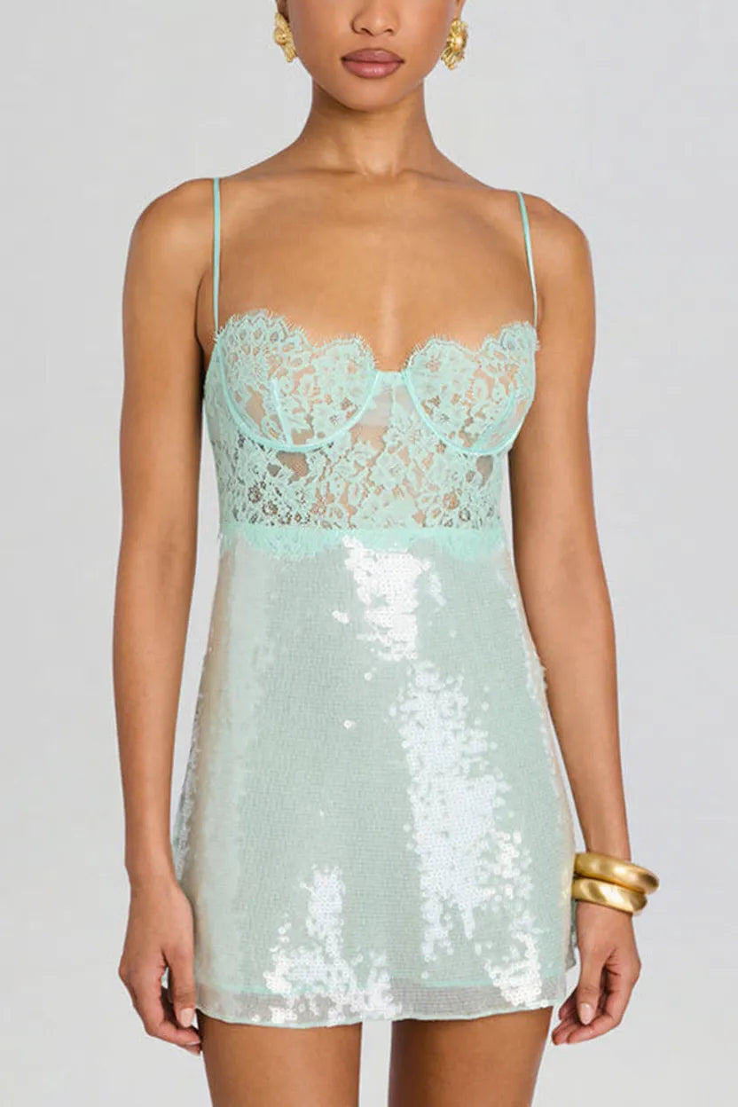 Alexandra Sequin Contrast Sheer Lace Bodice Slip Mini Dress
