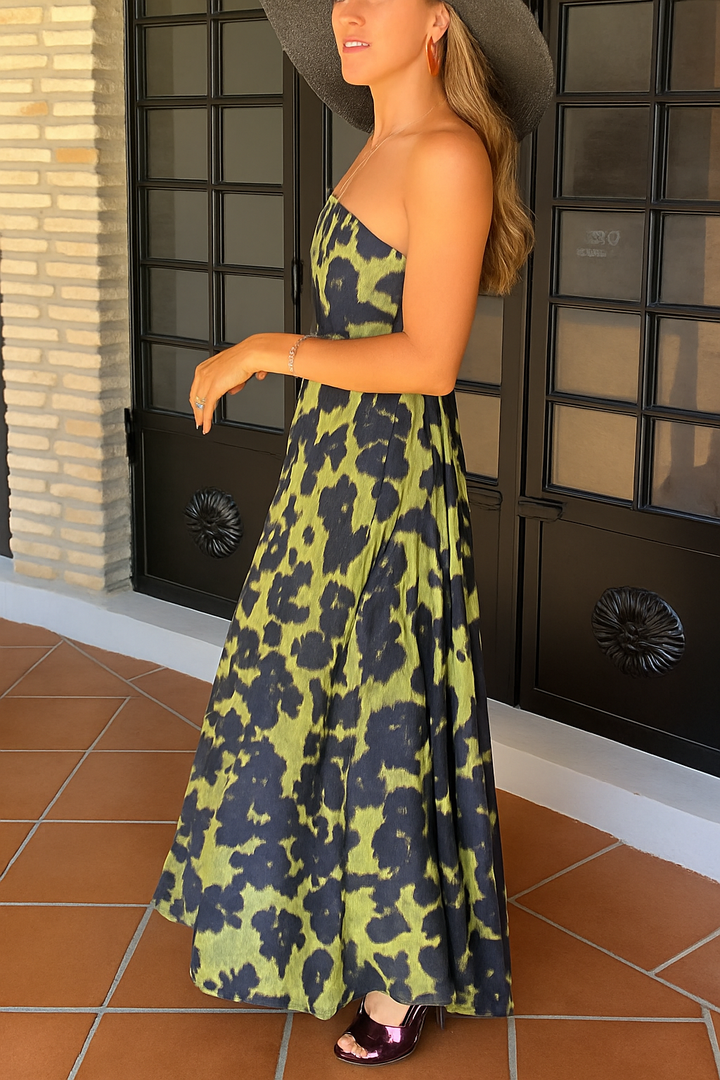 Elara Linen Blend Floral Print Princess Line Design Detachable Sleeves Maxi Dress