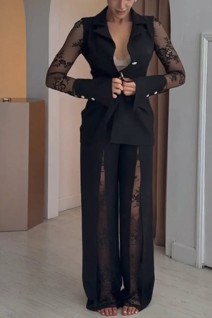 Ninah Lace Patchwork Long Sleeve Lapel Blazer and Front Slit Lace Loose Pants Set