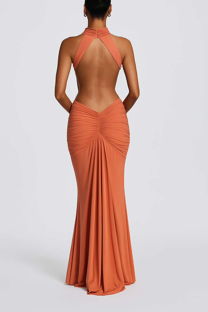 Thekla Stretch Slinky Jersey High Neck Ruched Backless Drape Maxi Dress