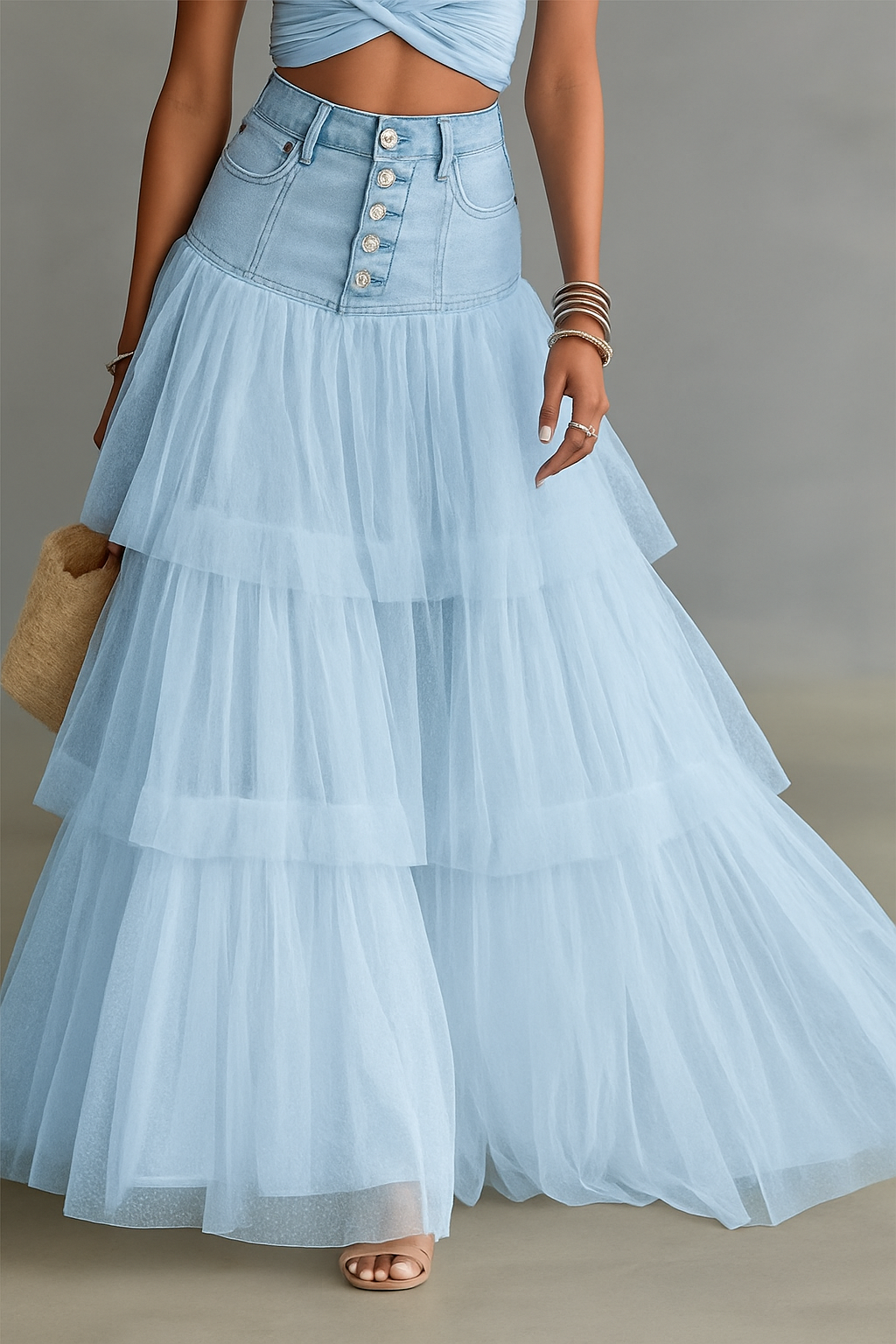 Y2K Fairycore Denim Corset Waist Tulle Maxi Skirt
