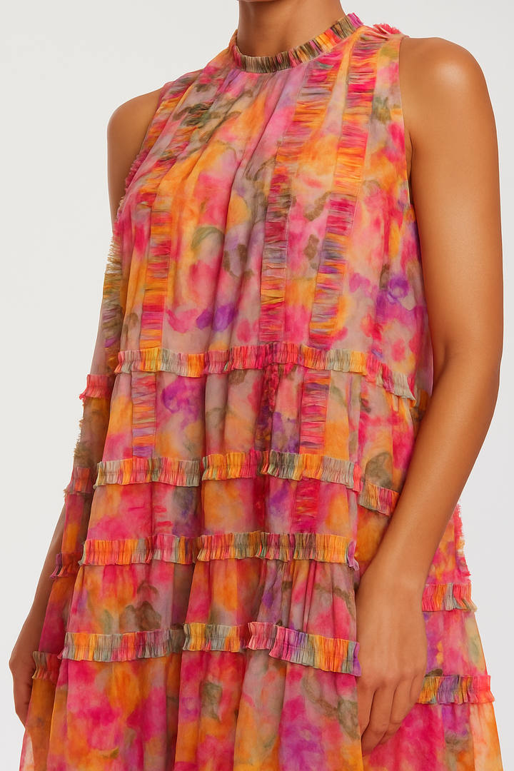 Lorei Mesh Floral Print High Neck Sleeveless Ruffle Trim A-line Mini Dress