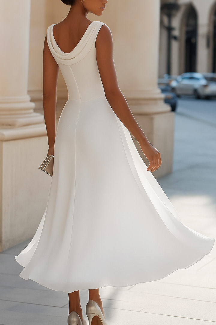 Solid Color Swing Collar Sleeveless Elegant Fitted Waist Full Hem Midi Dress