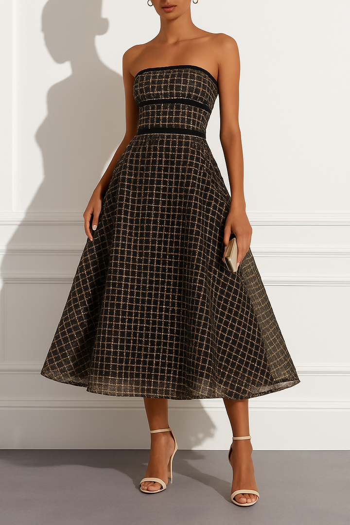 Stardust Plaid and Sequin Bow Patchwork Detail Strapless A-line Midi Dress