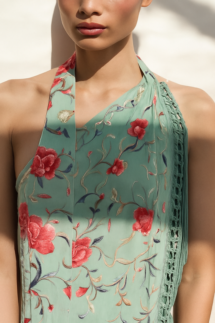Floral Print Halter Neck Sleeveless Elegant Tassel Maxi Dress