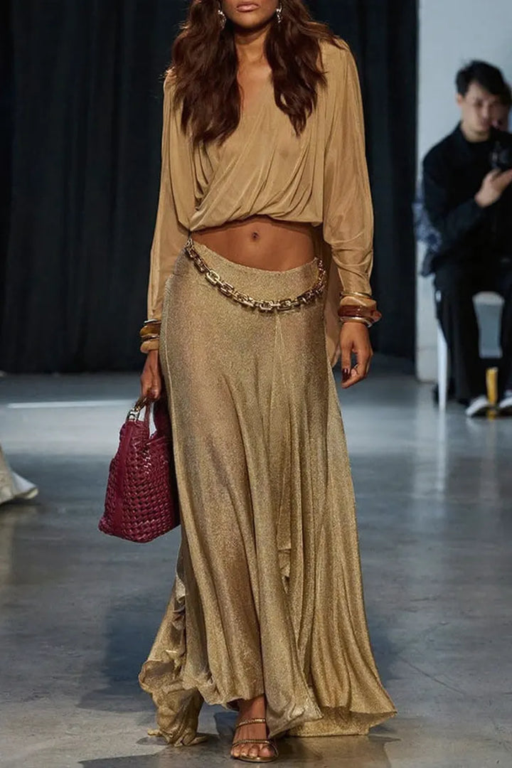 Dazzle Vacation Metallic Knit Long-sleeve Draped Crop Top and Mid Rise Irregular Slit Hem Maxi Skirt Set