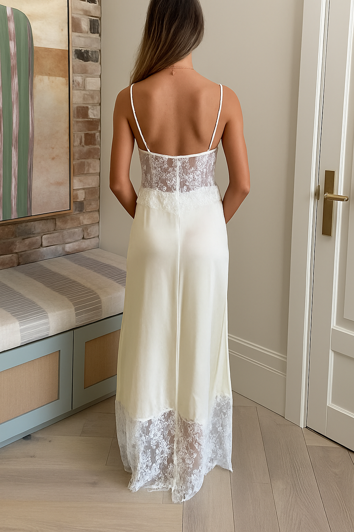 Fashionable Satin Lace Patchwork Sheer V-neck Elegant Slim-fit Maxi Dress