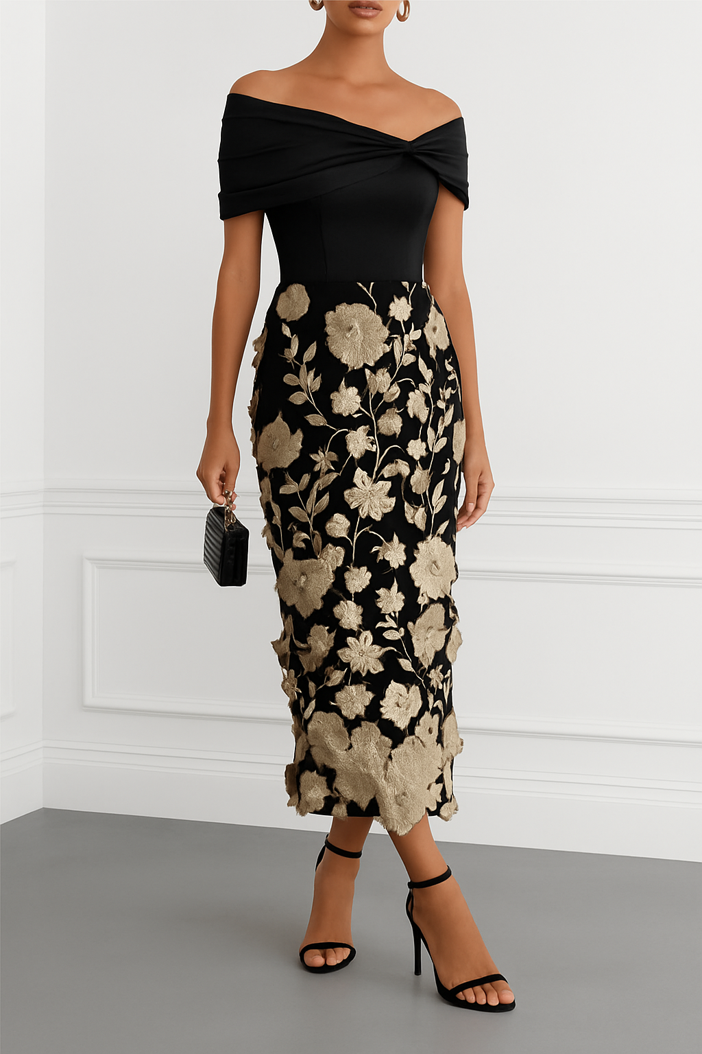 Classic 3D Floral Embroidery Off The Shoulder Short Sleeve Sheath Midi Dress