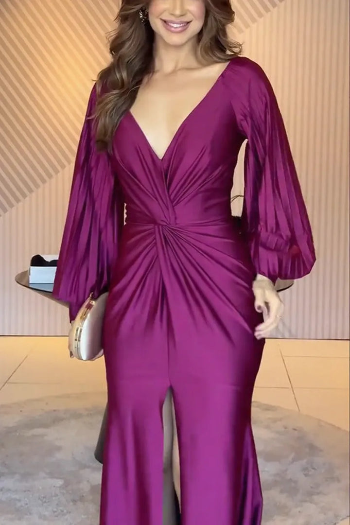 Raise A Toast Satin Long Balloon Sleeve Twist Waist Slit Maxi Dress