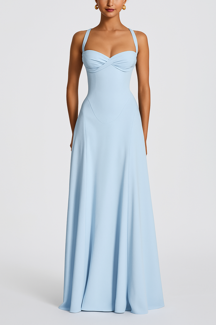 Irie Chiffon Sweetheart Neck Tapered Shoulder Straps Back Lace-up Drape Maxi Dress