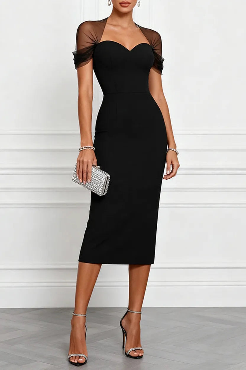 Emilie Mesh Sleeve Patchwork Sweetheart Neck Stretch Midi Dress
