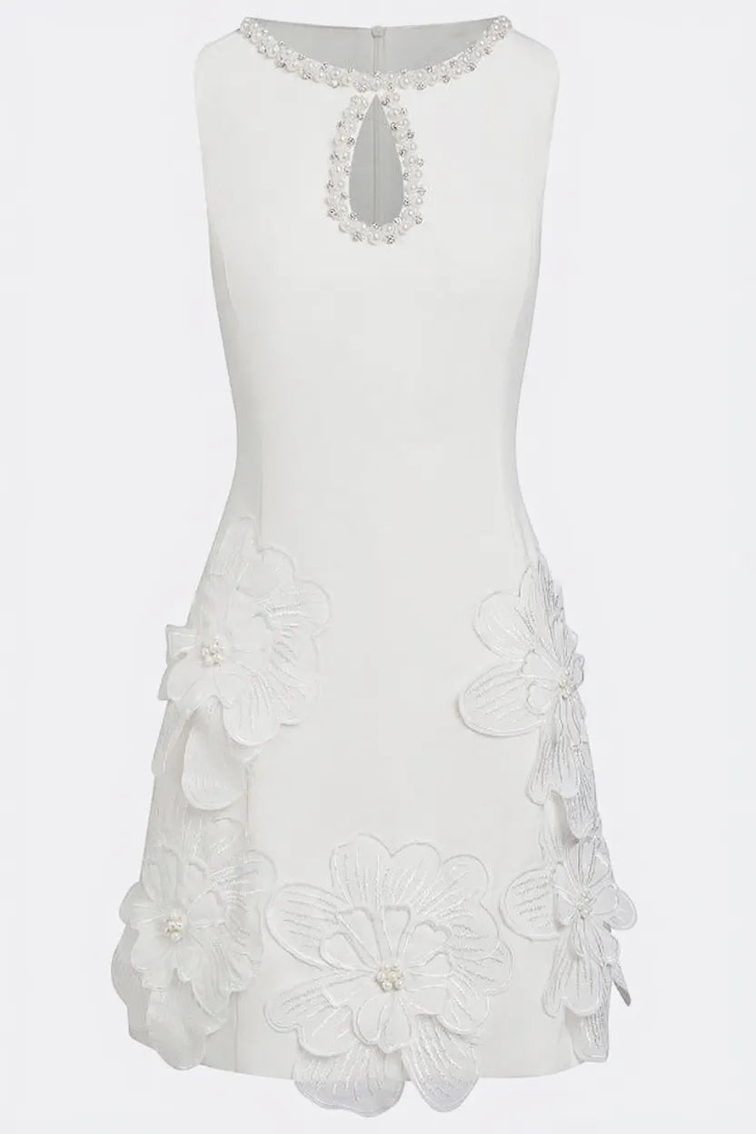 Delicate Silhouette Pearl Trim Cutout Neck Sleeveless 3D Florals Hem Mini Dress