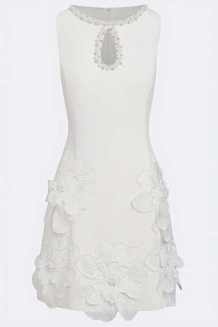 Delicate Silhouette Pearl Trim Cutout Neck Sleeveless 3D Florals Hem Mini Dress