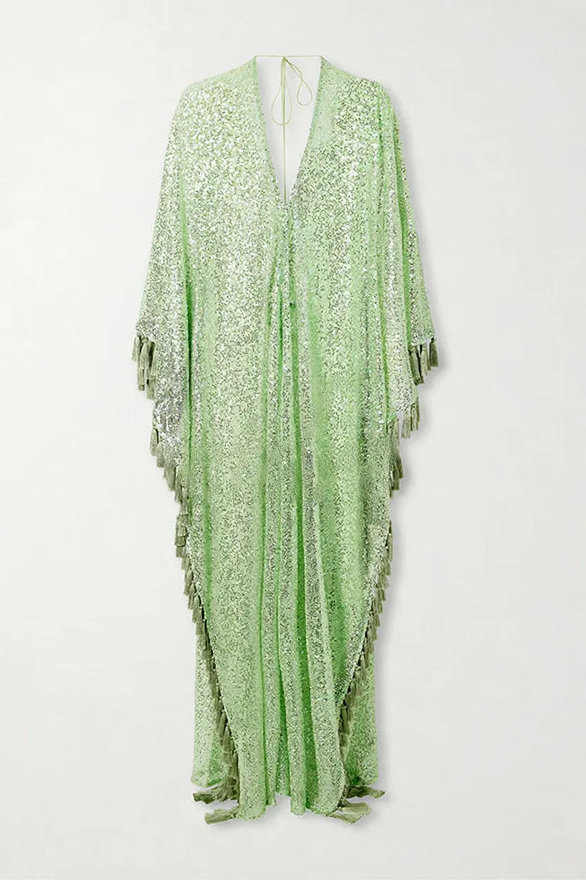 Gianna Sequin Deep V-neck Batwing Sleeve Fringed Trim Slit Gown Maxi Dress