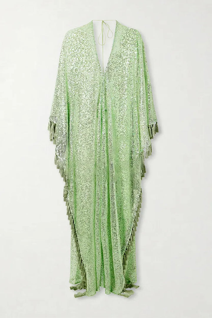 Gianna Sequin Deep V-neck Batwing Sleeve Fringed Trim Slit Gown Maxi Dress