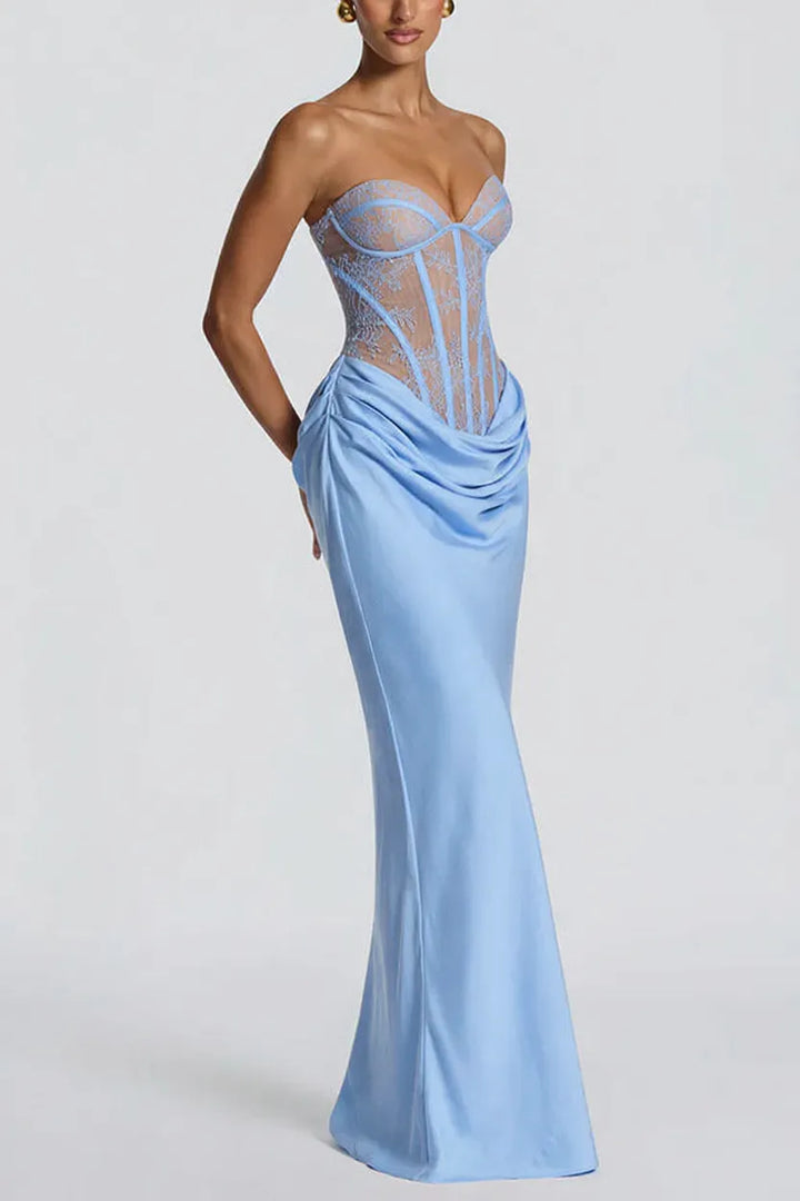 Kathleen Floral Lace Contrast Structural Detail Back Lace-up Satin Hem Strapless Maxi Dress