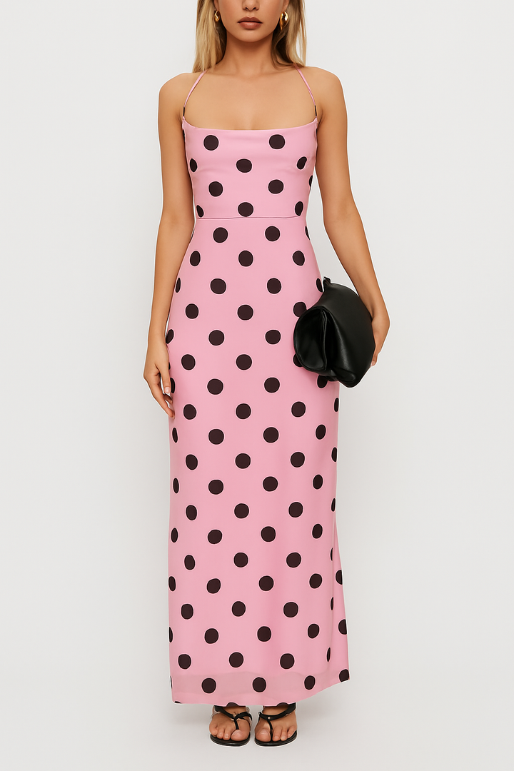 Polka Dot Print Halter Neck Backless Tie Elegant Slim-fit Maxi Dress