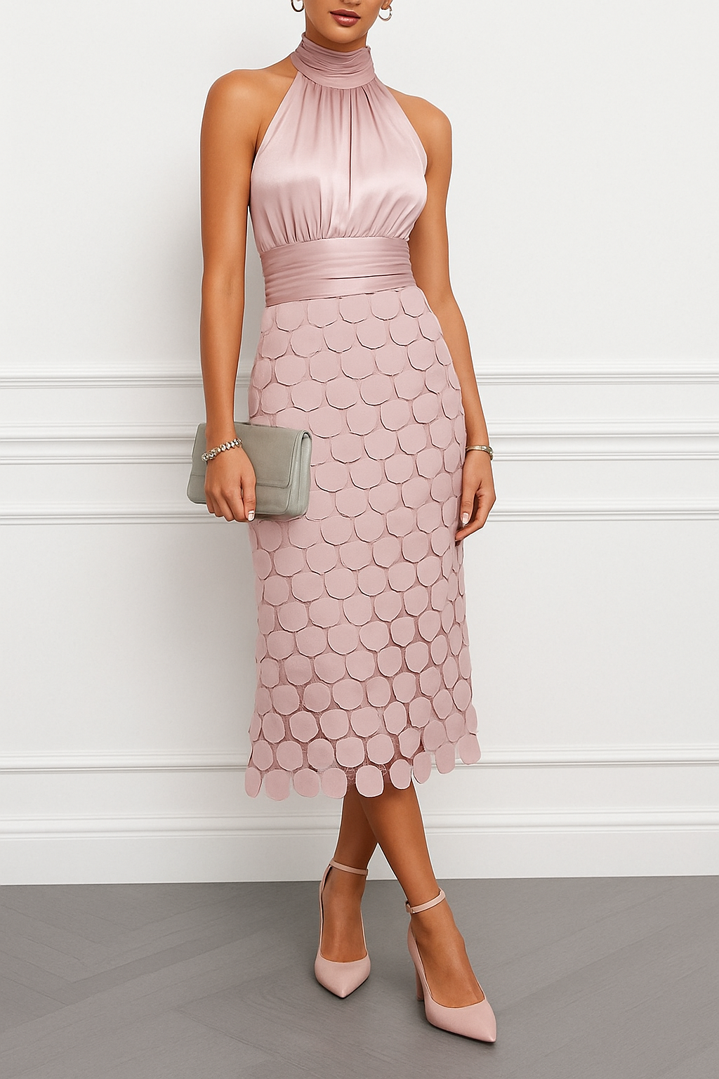 Janice Satin Ruched Halter Neck Sleeveless Embroidered Polka Dot Hem Midi Dress