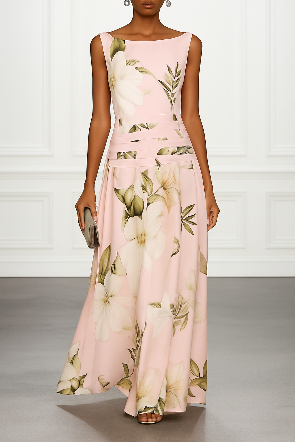 Classic Floral Print Boat Neck Ruched Waist Sleeveless A-Line Maxi Dress