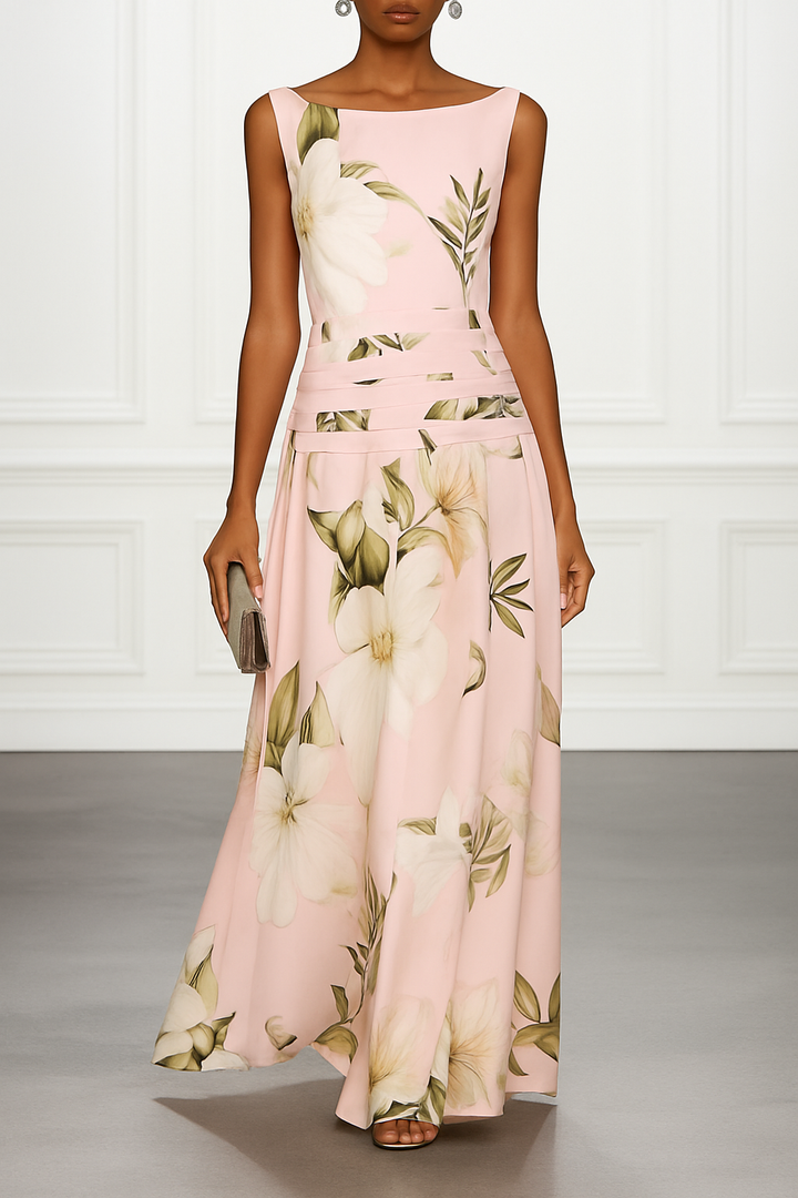 Classic Floral Print Boat Neck Ruched Waist Sleeveless A-Line Maxi Dress
