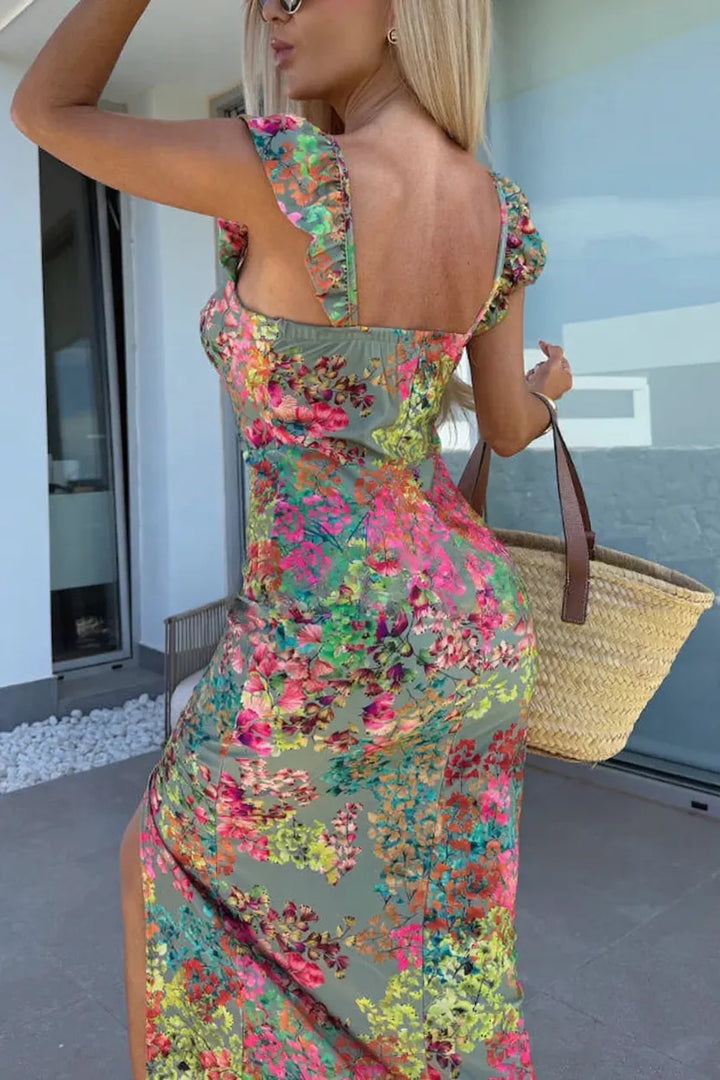 Elegant Floral Print Square Neckline Slim-fit Slit Midi Dress
