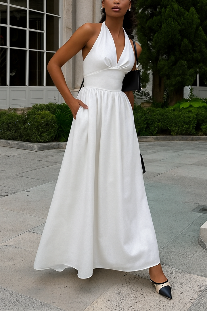 Solid Color Halter Neck Tie Elegant Backless Waist-cinching Maxi Dress