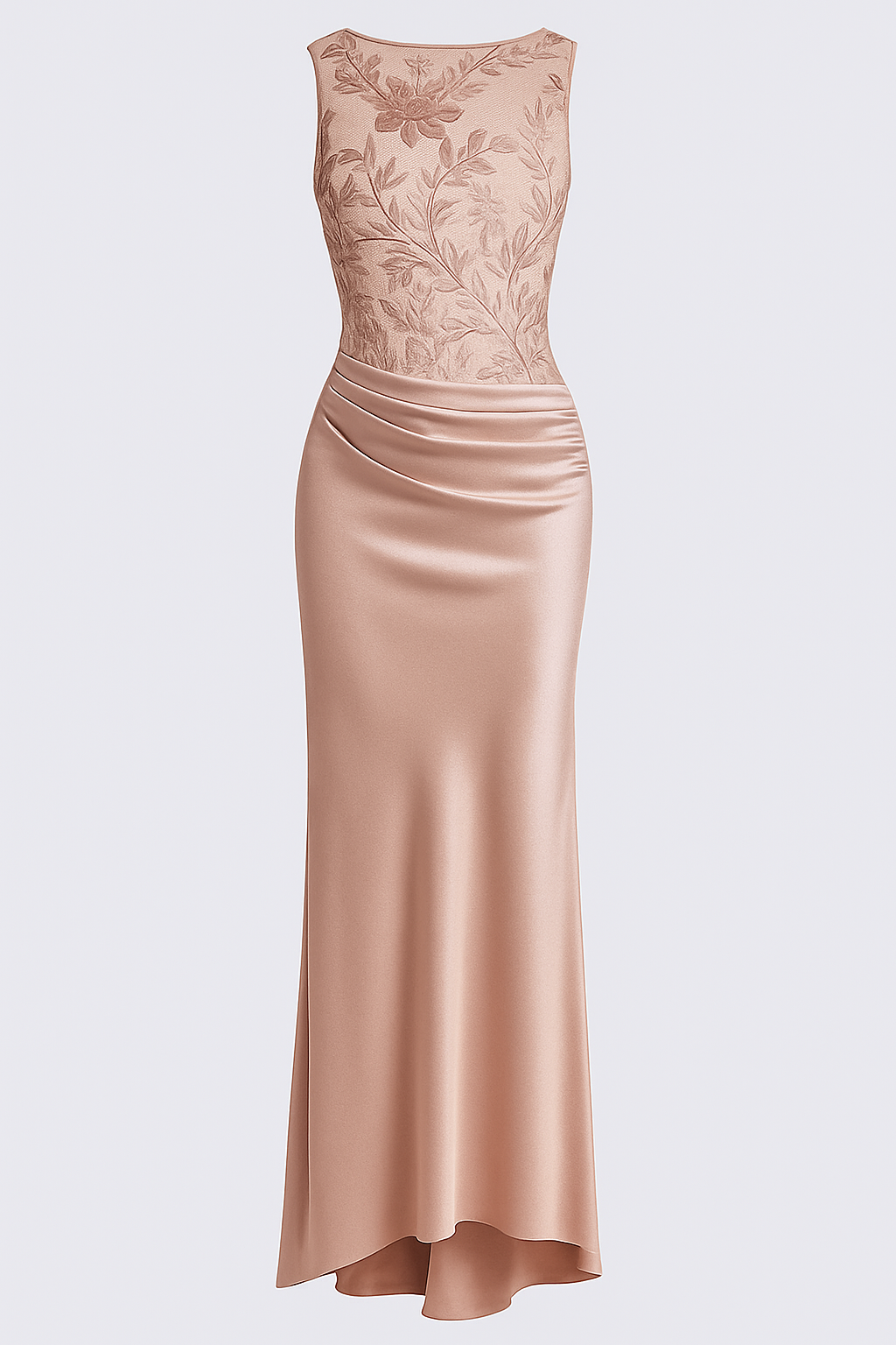 Vera Mesh Embroidery Satin Ruched Crew Neck Sleeveless Gown Maxi Dress