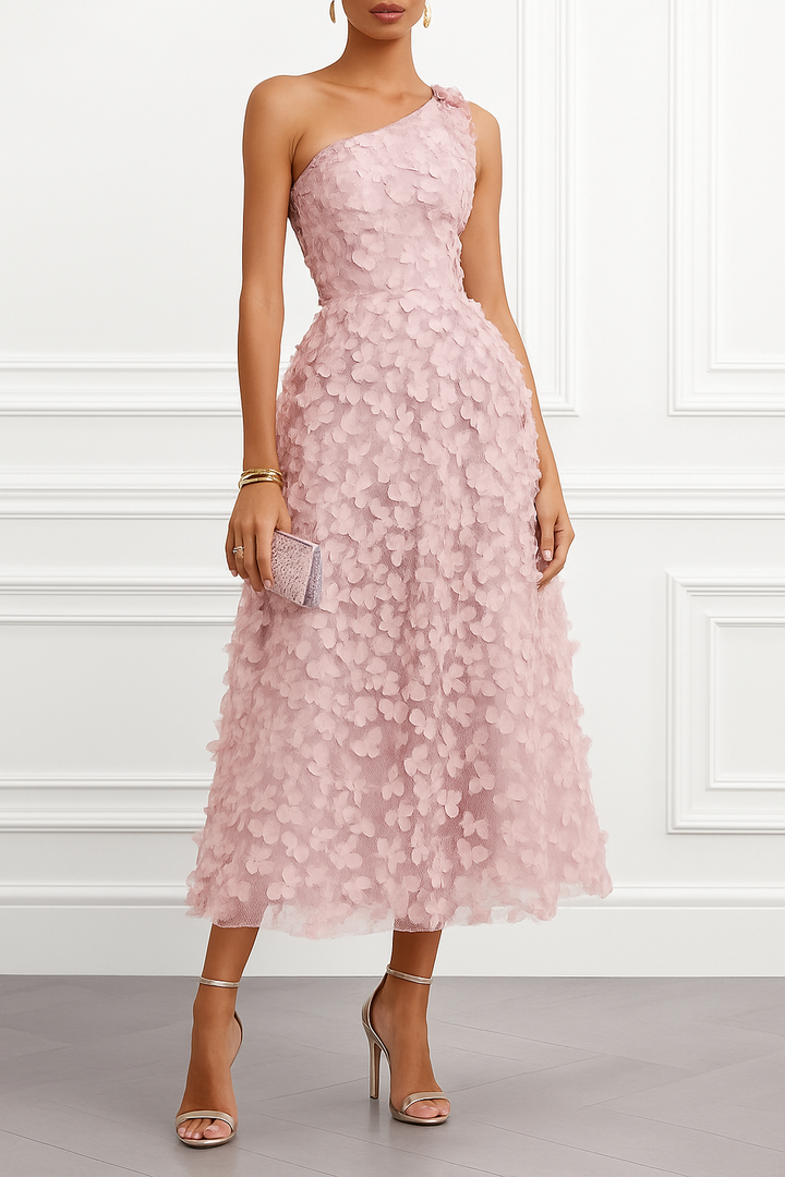 Lynelle Tulle 3D Floral Butterfly One Shoulder Sleeveless A-Line Midi Dress
