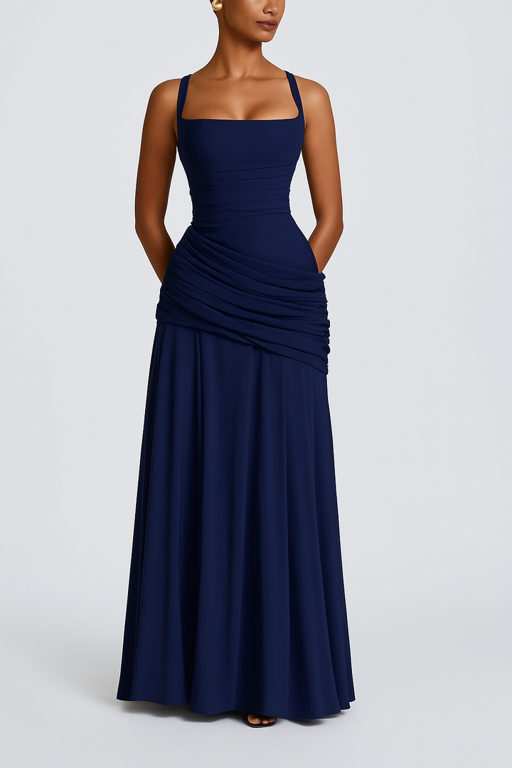 Stylish Spaghetti Strap Square Neck Slim-fit Elegant Pleated Maxi Dress