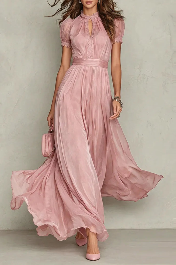 Elegant Lace Trim Keyhole Puff Sleeve Flowing Chiffon Maxi Dress