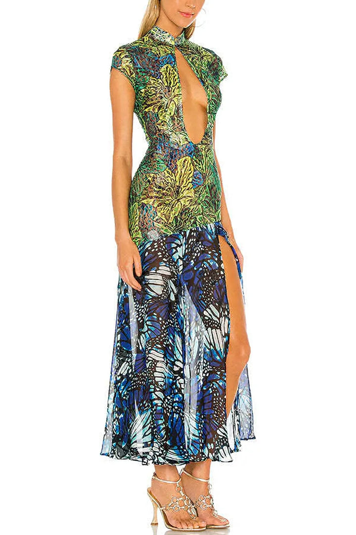Ellie Color Block Butterfly Print Cutout Design Stand Neck Chiffon Hem Midi Dress